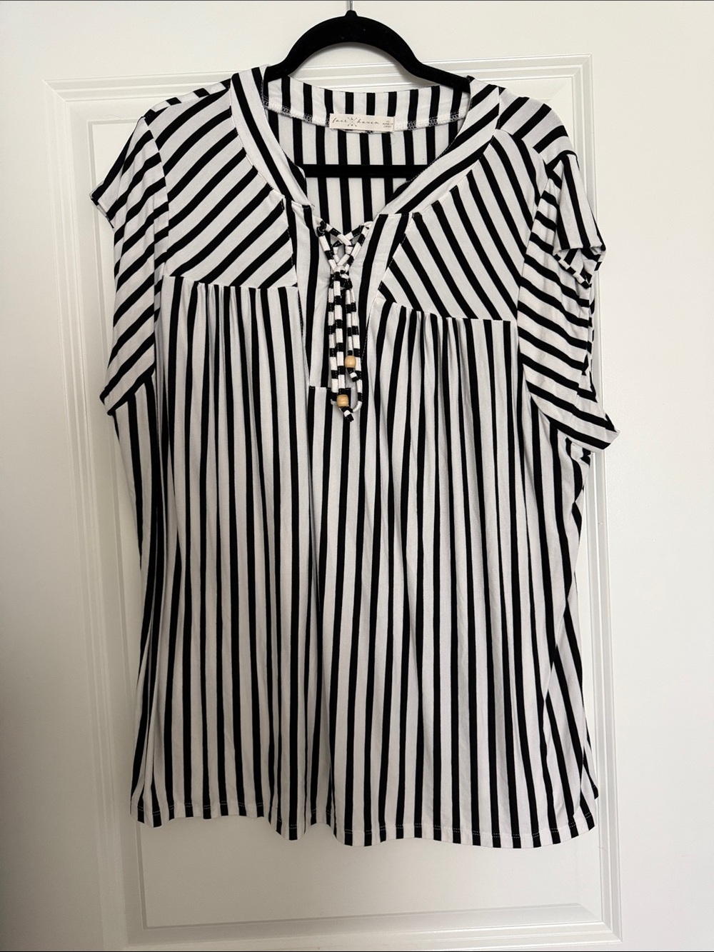 Black and White Striped Short Sleeve Tunic with Front Tie